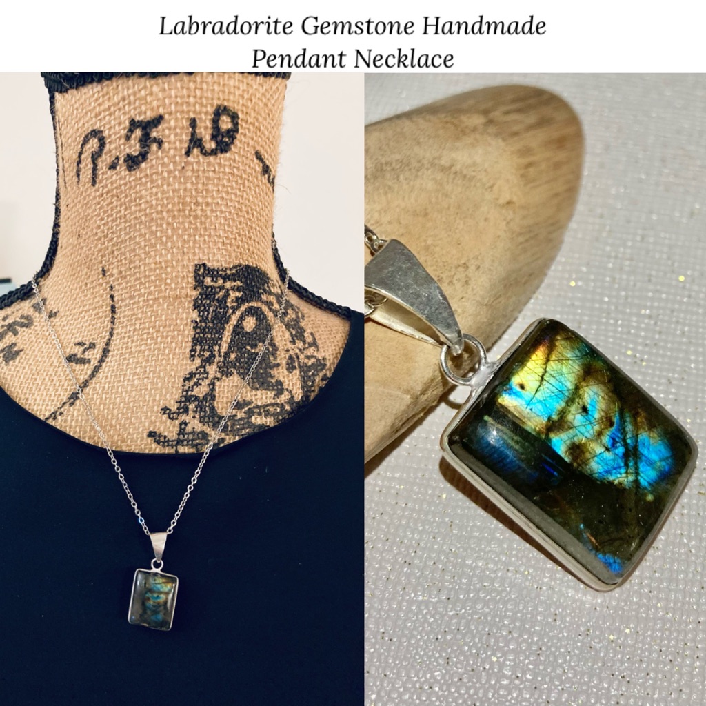 30ct Glowing Labradorite Gemstone Handmade Dainty Pendant Necklace 40$